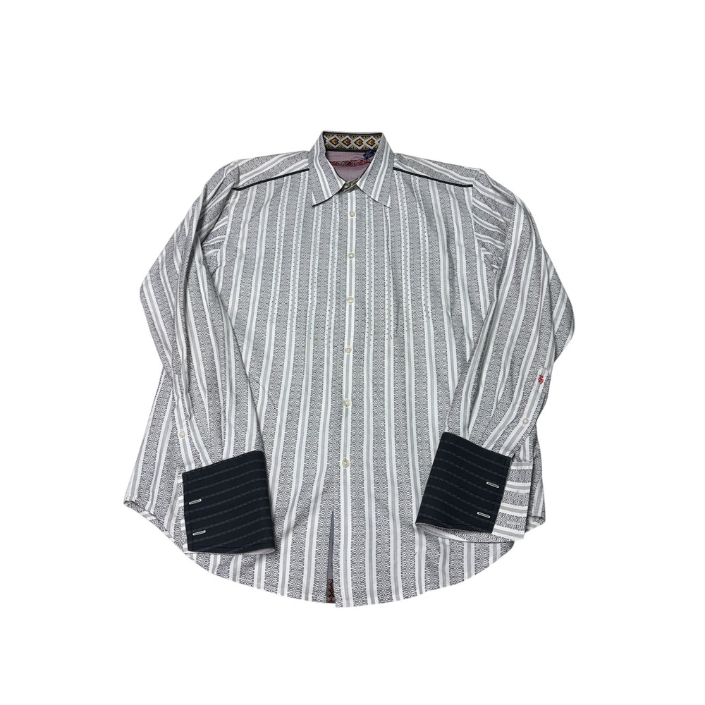 Robert Graham Mens Grey White Striped‎ Button Down Shirt Silk Trim Large